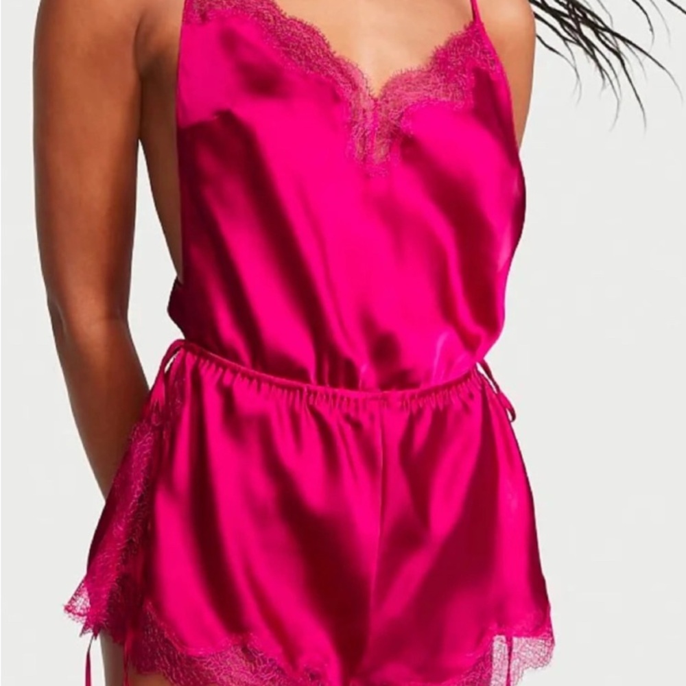 Victoria Secret Women's Pink Lace Trim Satin Teddy